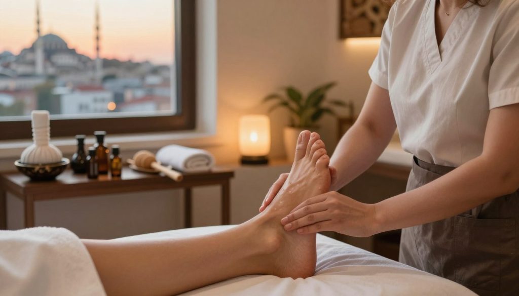A serene and inviting foot massage scene at Butik Massage in Istanbul. In the foreground, a skilled therapist, dressed in professional attire, gently applies reflexology techniques to a client's foot, emphasizing the methodical pressure points. The middle ground features a cozy, ambient massage room with soft lighting, showcasing various traditional massage tools and essential oils arranged tastefully. In the background, a window reveals a glimpse of Istanbul’s historic skyline, bathed in warm sunset hues, enhancing the tranquil atmosphere. The overall mood should feel calming and restorative, capturing the essence of traditional foot massage techniques in an urban setting. The image should be bright, well-composed, and focused on the therapeutic process, without any text or distractions. A serene and inviting foot massage scene at Butik Massage in Istanbul. In the foreground, a skilled therapist, dressed in professional attire, gently applies reflexology techniques to a client's foot, emphasizing the methodical pressure points. The middle ground features a cozy, ambient massage room with soft lighting, showcasing various traditional massage tools and essential oils arranged tastefully. In the background, a window reveals a glimpse of Istanbul’s historic skyline, bathed in warm sunset hues, enhancing the tranquil atmosphere. The overall mood should feel calming and restorative, capturing the essence of traditional foot massage techniques in an urban setting. The image should be bright, well-composed, and focused on the therapeutic process, without any text or distractions.