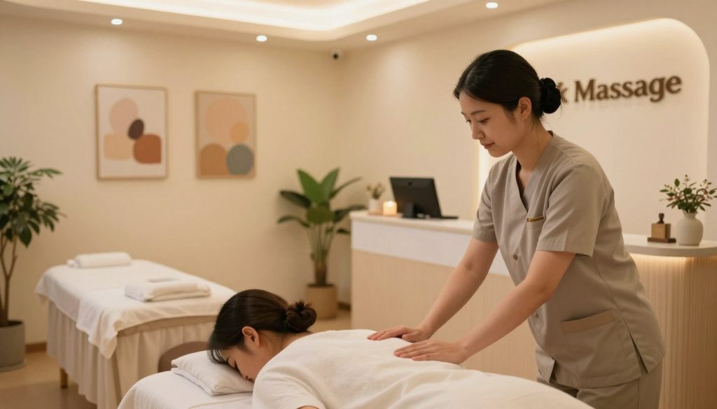 A serene and inviting local massage therapy location, featuring a well-decorated reception area with soft, warm lighting. In the foreground, a professional massage therapist in smart casual attire is warmly greeting a client, showcasing an atmosphere of comfort and trust. The middle ground highlights a cozy massage room with a neatly made table, gentle ambient light, and calming decor like plants and soothing artwork on the walls. In the background, a welcoming sign reads “Butik Massage,” enhancing the feeling of a professional establishment. The overall mood is peaceful and rejuvenating, emphasizing a safe, inviting space for clients seeking full-body massage options. The angle captures the welcoming environment, promoting a sense of relaxation and professionalism. A serene and inviting local massage therapy location, featuring a well-decorated reception area with soft, warm lighting. In the foreground, a professional massage therapist in smart casual attire is warmly greeting a client, showcasing an atmosphere of comfort and trust. The middle ground highlights a cozy massage room with a neatly made table, gentle ambient light, and calming decor like plants and soothing artwork on the walls. In the background, a welcoming sign reads “Butik Massage,” enhancing the feeling of a professional establishment. The overall mood is peaceful and rejuvenating, emphasizing a safe, inviting space for clients seeking full-body massage options. The angle captures the welcoming environment, promoting a sense of relaxation and professionalism.