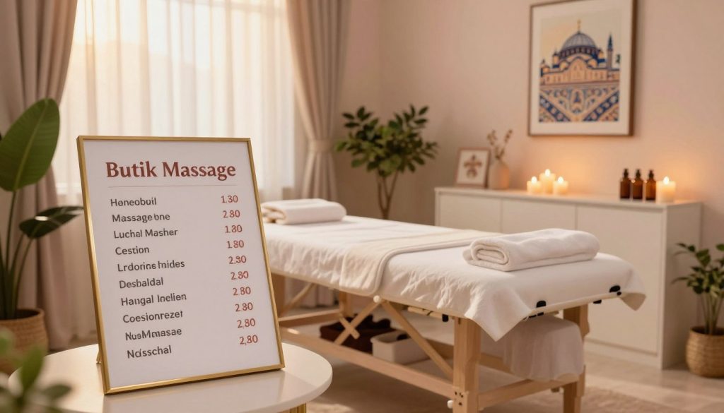 A serene and inviting massage therapy environment in Istanbul, featuring a chic and modern massage studio with calming pastel colors and soft ambient lighting. In the foreground, a elegantly designed pricing board for "Butik Massage" showcasing various massage types and their respective prices in a visually appealing layout. The middle background includes a luxurious massage table adorned with fresh towels and essential oils, while soothing candles glow softly on a shelf nearby. Natural plants and art pieces reminiscent of Istanbul's rich culture decorate the space. A gentle golden sunlight filters through sheer curtains, creating a warm and tranquil atmosphere, perfect for relaxation and wellness. The setting embodies professionalism and comfort, capturing the essence of what influences massage pricing in Istanbul. A serene and inviting massage therapy environment in Istanbul, featuring a chic and modern massage studio with calming pastel colors and soft ambient lighting. In the foreground, a elegantly designed pricing board for "Butik Massage" showcasing various massage types and their respective prices in a visually appealing layout. The middle background includes a luxurious massage table adorned with fresh towels and essential oils, while soothing candles glow softly on a shelf nearby. Natural plants and art pieces reminiscent of Istanbul's rich culture decorate the space. A gentle golden sunlight filters through sheer curtains, creating a warm and tranquil atmosphere, perfect for relaxation and wellness. The setting embodies professionalism and comfort, capturing the essence of what influences massage pricing in Istanbul.