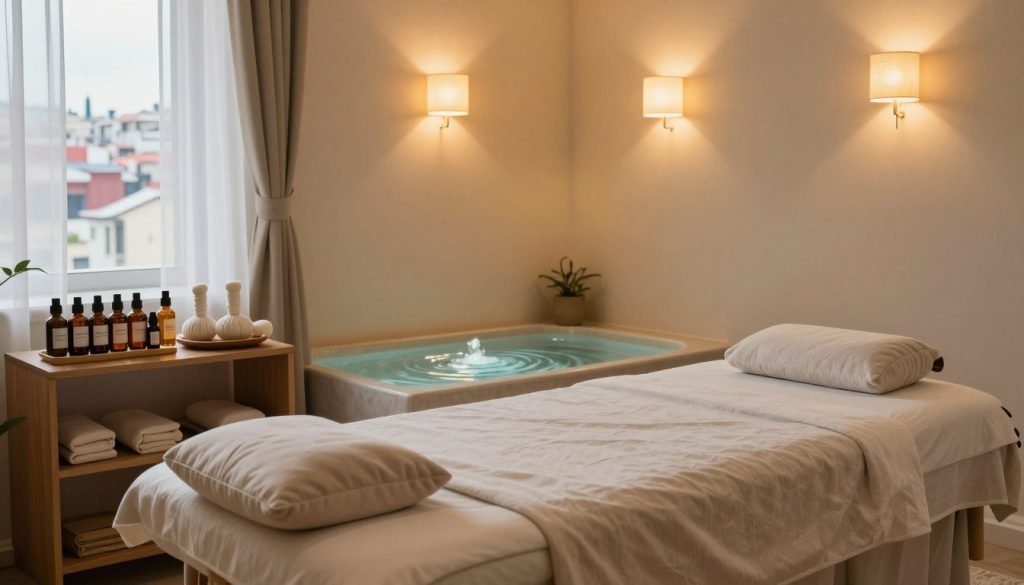 A serene and inviting massage therapy room in Istanbul, designed for budget-conscious visitors. In the foreground, a comfortable massage table adorned with soft, neutral-colored linens, and decorative cushions. To the side, an elegant display of essential oils and massage tools on a wooden shelf, clearly marking the brand "Butik Massage." In the middle, a calming water feature with gentle rippling water, enhancing the soothing atmosphere. The background features soft, ambient lighting—warm hues from stylish wall sconces casting a tranquil glow. A window with sheer curtains softly filters natural light, revealing a glimpse of the vibrant city outside. The overall mood is peaceful and welcoming, reflecting the theme of finding affordable yet high-quality massage options in Istanbul. A serene and inviting massage therapy room in Istanbul, designed for budget-conscious visitors. In the foreground, a comfortable massage table adorned with soft, neutral-colored linens, and decorative cushions. To the side, an elegant display of essential oils and massage tools on a wooden shelf, clearly marking the brand "Butik Massage." In the middle, a calming water feature with gentle rippling water, enhancing the soothing atmosphere. The background features soft, ambient lighting—warm hues from stylish wall sconces casting a tranquil glow. A window with sheer curtains softly filters natural light, revealing a glimpse of the vibrant city outside. The overall mood is peaceful and welcoming, reflecting the theme of finding affordable yet high-quality massage options in Istanbul.