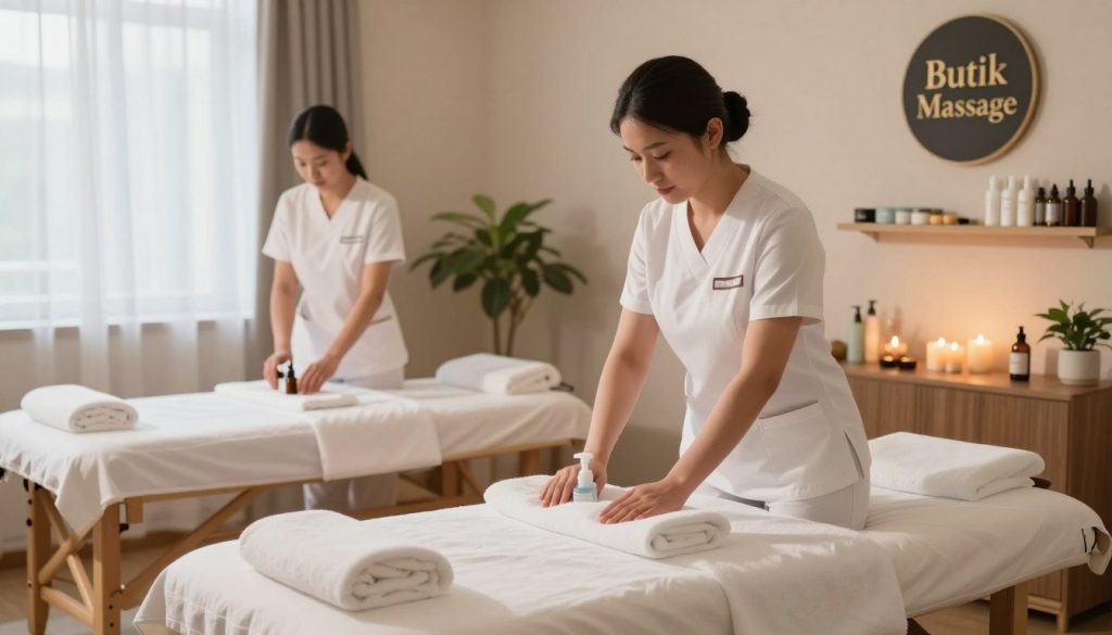 A serene and inviting massage therapy setting, showcasing two professional massage therapists in clean uniforms meticulously following hygiene standards. In the foreground, one therapist is seen preparing a massage table with fresh linens and sanitizing equipment, while the other arranges essential oils. The middle ground features a softly lit therapy room, adorned with soothing colors, aromatic candles, and indoor plants, creating a calming atmosphere. In the background, shelves display neatly organized massage products, emphasizing cleanliness. Natural light filters through sheer curtains, casting gentle shadows, while the overall mood exudes professionalism and tranquility. The brand name "Butik Massage" is subtly represented on a wall plaque. The scene captures the importance of salon atmosphere and cleanliness, conveying a sense of trust and safety for clients.