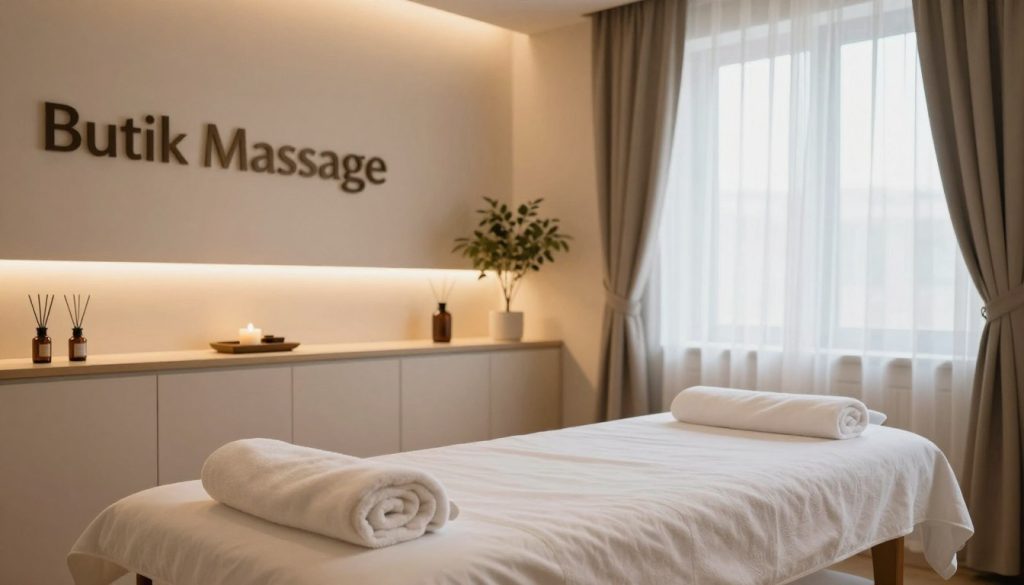 A serene and inviting private massage room at "Butik Massage" in Istanbul, featuring soft ambient lighting that casts a warm glow throughout the space. In the foreground, a neatly made massage table is adorned with fresh, fluffy towels, and calming essential oil diffusers gently release soothing scents. The middle layer showcases elegant decor, including a single decorative plant and soft, neutral-colored walls for a tranquil atmosphere. In the background, large windows with sheer curtains allow natural light to filter in, providing a sense of openness while maintaining privacy. The room is meticulously organized, showcasing a sense of professionalism and comfort. The overall mood is peaceful and relaxing, encouraging a calming experience for clients seeking privacy during their massage. A serene and inviting private massage room at "Butik Massage" in Istanbul, featuring soft ambient lighting that casts a warm glow throughout the space. In the foreground, a neatly made massage table is adorned with fresh, fluffy towels, and calming essential oil diffusers gently release soothing scents. The middle layer showcases elegant decor, including a single decorative plant and soft, neutral-colored walls for a tranquil atmosphere. In the background, large windows with sheer curtains allow natural light to filter in, providing a sense of openness while maintaining privacy. The room is meticulously organized, showcasing a sense of professionalism and comfort. The overall mood is peaceful and relaxing, encouraging a calming experience for clients seeking privacy during their massage.