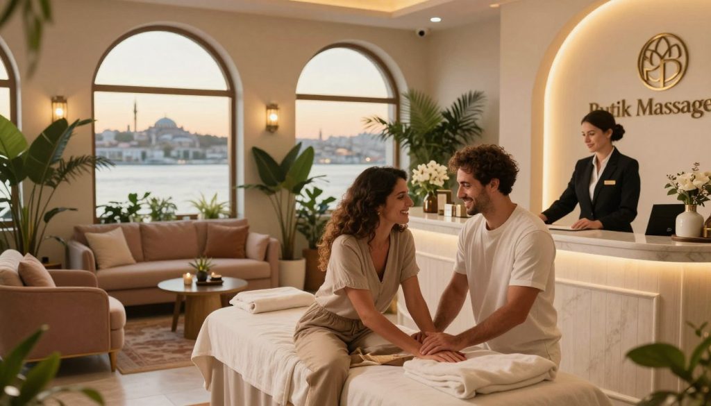 A serene and inviting scene depicting a couple booking a massage experience at a luxurious spa in Istanbul. In the foreground, the couple, dressed in modest casual clothing, smiles warmly at a friendly receptionist at a stylish spa reception desk with elegant decor. In the middle ground, a beautifully designed waiting area features plush seating, soft lighting, and lush plants creating a relaxing atmosphere. In the background, arched windows offer a glimpse of Istanbul’s iconic skyline and the Bosphorus, bathed in golden hour light. The spa's logo, "Butik Massage," is subtly integrated into the elegant design of the reception area. The mood is tranquil and romantic, evoking a sense of shared warmth and relaxation as the couple anticipates their experience. A serene and inviting scene depicting a couple booking a massage experience at a luxurious spa in Istanbul. In the foreground, the couple, dressed in modest casual clothing, smiles warmly at a friendly receptionist at a stylish spa reception desk with elegant decor. In the middle ground, a beautifully designed waiting area features plush seating, soft lighting, and lush plants creating a relaxing atmosphere. In the background, arched windows offer a glimpse of Istanbul’s iconic skyline and the Bosphorus, bathed in golden hour light. The spa's logo, "Butik Massage," is subtly integrated into the elegant design of the reception area. The mood is tranquil and romantic, evoking a sense of shared warmth and relaxation as the couple anticipates their experience.