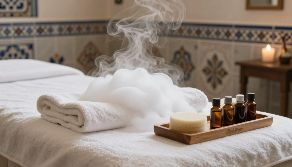 A serene and inviting scene depicting the essentials for preparing for a foam massage experience in a Turkish bath. In the foreground, a beautifully arranged massage table with plush, white towels, soft sponges, and essential oils displayed on a wooden tray. In the middle, gentle steam rising fills the air, creating a sense of warmth and relaxation. The background features ornate tiles typical of a Turkish bath, with intricate patterns and soft lighting that enhances the tranquil atmosphere. The overall mood is calm and soothing, inviting viewers to immerse themselves in the relaxation of a foam massage. Include a subtle logo for "Butik Massage" on the tray. The image should have soft, diffused lighting and a warm color palette, capturing the essence of a luxurious spa experience. A serene and inviting scene depicting the essentials for preparing for a foam massage experience in a Turkish bath. In the foreground, a beautifully arranged massage table with plush, white towels, soft sponges, and essential oils displayed on a wooden tray. In the middle, gentle steam rising fills the air, creating a sense of warmth and relaxation. The background features ornate tiles typical of a Turkish bath, with intricate patterns and soft lighting that enhances the tranquil atmosphere. The overall mood is calm and soothing, inviting viewers to immerse themselves in the relaxation of a foam massage. Include a subtle logo for "Butik Massage" on the tray. The image should have soft, diffused lighting and a warm color palette, capturing the essence of a luxurious spa experience.