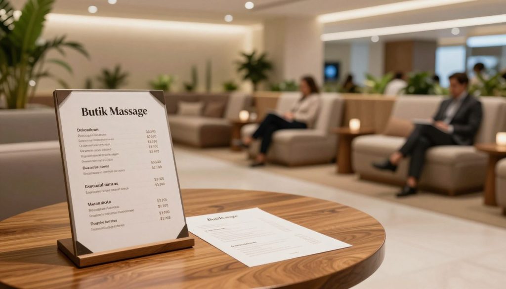 A serene and inviting scene inside Istanbul Airport's massage lounge, showcasing the pricing options for massage services offered by "Butik Massage." In the foreground, a sleek, modern massage menu displayed elegantly on a polished wooden table, featuring various pricing tiers in clear, readable format. The middle ground includes plush seating areas where comfortably dressed travelers, in professional attire, are relaxing, with soft ambient lighting creating a soothing atmosphere. The background highlights contemporary decor with soft green plants and gentle lighting, evoking a tranquil vibe. A wide-angle lens captures the spacious layout, while warm, diffused lighting emphasizes relaxation. The overall mood is peaceful and welcoming, ideal for transit travelers seeking rejuvenation. A serene and inviting scene inside Istanbul Airport's massage lounge, showcasing the pricing options for massage services offered by "Butik Massage." In the foreground, a sleek, modern massage menu displayed elegantly on a polished wooden table, featuring various pricing tiers in clear, readable format. The middle ground includes plush seating areas where comfortably dressed travelers, in professional attire, are relaxing, with soft ambient lighting creating a soothing atmosphere. The background highlights contemporary decor with soft green plants and gentle lighting, evoking a tranquil vibe. A wide-angle lens captures the spacious layout, while warm, diffused lighting emphasizes relaxation. The overall mood is peaceful and welcoming, ideal for transit travelers seeking rejuvenation.