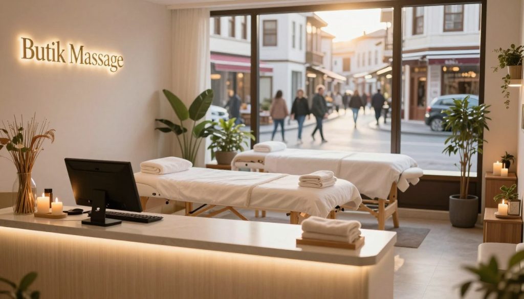 A serene and inviting scene showcasing a cozy massage therapy booking area at "Butik Massage" in Kadıköy, Istanbul. In the foreground, a professional booking counter adorned with soft, ambient lighting, highlighting elegant decor elements such as bamboo and soothing candles. The middle layer features a welcoming massage space with a neatly arranged massage table, fresh towels, and botanical elements for a calming atmosphere. In the background, large windows offer a view of bustling Kadıköy streets with people casually strolling by, under a warm, inviting sunlight. The overall mood is tranquil and relaxed, encouraging a sense of peace and wellness, captured with a soft focus to enhance the gentle ambiance of the setting. A serene and inviting scene showcasing a cozy massage therapy booking area at "Butik Massage" in Kadıköy, Istanbul. In the foreground, a professional booking counter adorned with soft, ambient lighting, highlighting elegant decor elements such as bamboo and soothing candles. The middle layer features a welcoming massage space with a neatly arranged massage table, fresh towels, and botanical elements for a calming atmosphere. In the background, large windows offer a view of bustling Kadıköy streets with people casually strolling by, under a warm, inviting sunlight. The overall mood is tranquil and relaxed, encouraging a sense of peace and wellness, captured with a soft focus to enhance the gentle ambiance of the setting.