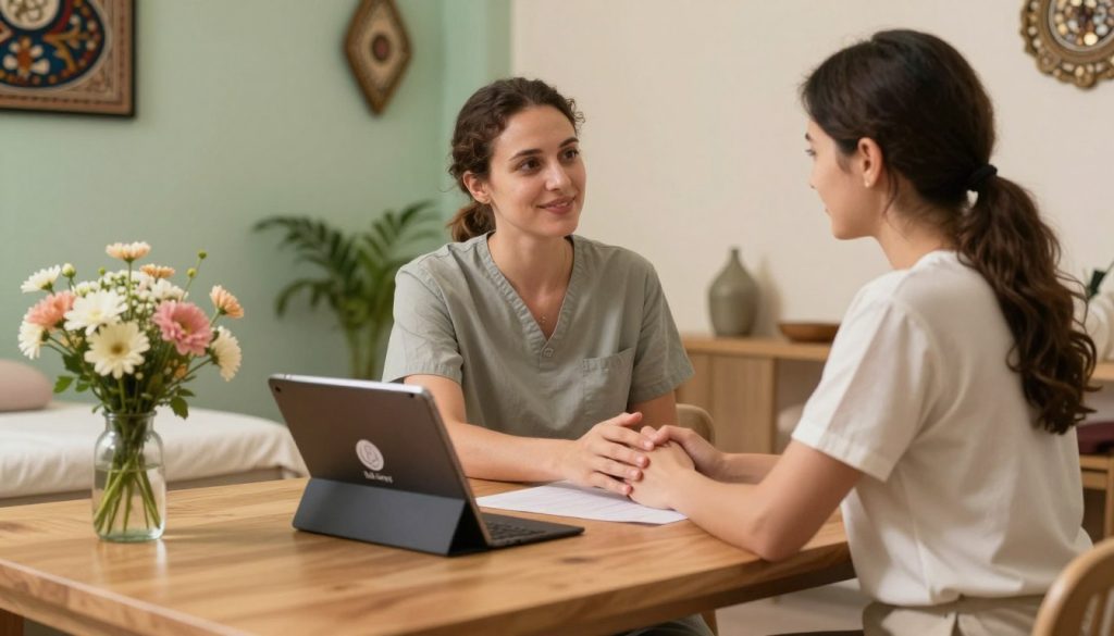 A serene and inviting space showcasing a booking setup for a mobile massage therapy service in Istanbul. In the foreground, a clean wooden table displays a sleek tablet with the "Butik Massage" logo visible. A bouquet of fresh flowers is placed next to it, enhancing the relaxing atmosphere. The middle section features a professional therapist in modest, casual clothing interacting with a client, both smiling and engaged in conversation, emphasizing personal connection. The background reveals a softly lit room with ambient lighting, featuring calming colors like soft greens and creams, adorned with tasteful decorations reflecting Turkish culture. The overall mood is tranquil and professional, ideal for a private massage booking experience. The image is captured with a soft-focus lens to enhance warmth and intimacy. A serene and inviting space showcasing a booking setup for a mobile massage therapy service in Istanbul. In the foreground, a clean wooden table displays a sleek tablet with the "Butik Massage" logo visible. A bouquet of fresh flowers is placed next to it, enhancing the relaxing atmosphere. The middle section features a professional therapist in modest, casual clothing interacting with a client, both smiling and engaged in conversation, emphasizing personal connection. The background reveals a softly lit room with ambient lighting, featuring calming colors like soft greens and creams, adorned with tasteful decorations reflecting Turkish culture. The overall mood is tranquil and professional, ideal for a private massage booking experience. The image is captured with a soft-focus lens to enhance warmth and intimacy.