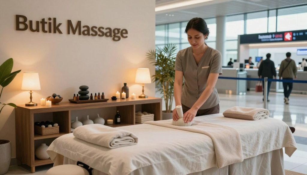 A serene and inviting travel massage area featuring "Butik Massage" at Istanbul Airport. In the foreground, we see a gracefully designed massage table set up with soft linens and soothing essential oils, with an elegant lamp providing warm lighting. In the middle, a professional masseuse in smart casual attire is preparing for a treatment, demonstrating a calming and welcoming demeanor. Various massage treatment options are visually represented through an array of massage tools and serene decorations, like stones and candles, subtly placed around the space. In the background, airport features like check-in counters and distant travelers hint at the bustling atmosphere, while large windows provide natural light, creating an atmosphere of relaxation amidst the lively airport setting. The overall mood is comforting, highlighting the rejuvenating experience for transit travelers. A serene and inviting travel massage area featuring "Butik Massage" at Istanbul Airport. In the foreground, we see a gracefully designed massage table set up with soft linens and soothing essential oils, with an elegant lamp providing warm lighting. In the middle, a professional masseuse in smart casual attire is preparing for a treatment, demonstrating a calming and welcoming demeanor. Various massage treatment options are visually represented through an array of massage tools and serene decorations, like stones and candles, subtly placed around the space. In the background, airport features like check-in counters and distant travelers hint at the bustling atmosphere, while large windows provide natural light, creating an atmosphere of relaxation amidst the lively airport setting. The overall mood is comforting, highlighting the rejuvenating experience for transit travelers.