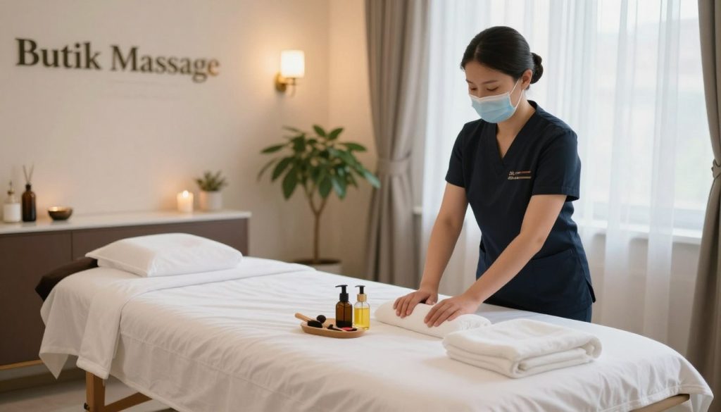 A serene and professional setting reflecting the safety protocols of an upscale massage service in Istanbul, titled "Butik Massage." In the foreground, a neatly arranged massage table covered with a fresh, clean white sheet, accompanied by sanitized tools such as massage oils in elegant bottles. The middle ground showcases a well-lit room with soft ambient lighting, featuring elegant decor and calming colors, perhaps a small indoor plant for tranquility. In the background, a window with sheer drapes allowing natural light to filter in, creating a warm atmosphere. The overall mood is one of relaxation and safety, instilling trust and professionalism, ideal for the context of hygiene and care in outcall massage services. A serene and professional setting reflecting the safety protocols of an upscale massage service in Istanbul, titled "Butik Massage." In the foreground, a neatly arranged massage table covered with a fresh, clean white sheet, accompanied by sanitized tools such as massage oils in elegant bottles. The middle ground showcases a well-lit room with soft ambient lighting, featuring elegant decor and calming colors, perhaps a small indoor plant for tranquility. In the background, a window with sheer drapes allowing natural light to filter in, creating a warm atmosphere. The overall mood is one of relaxation and safety, instilling trust and professionalism, ideal for the context of hygiene and care in outcall massage services.