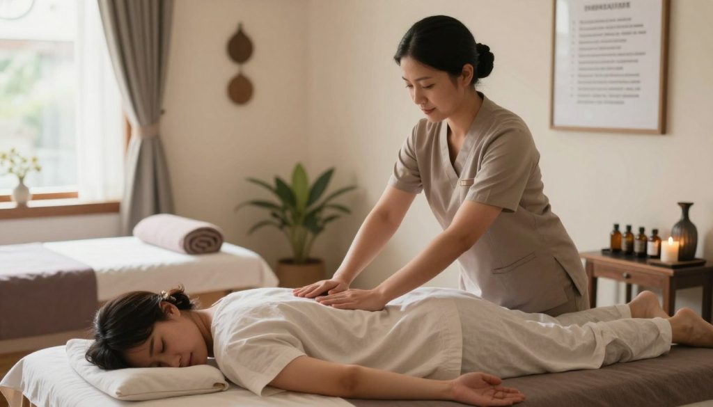 A serene and professional setting showcasing a clinical Thai massage treatment. In the foreground, a therapist in professional attire demonstrates a safe massage technique on a patient wearing modest clothing, positioned comfortably on a massage table. The middle ground features a calm, well-lit room decorated with soft fabrics and essential oils, promoting relaxation. In the background, a window with soft natural light filters through, illuminating the space and highlighting the safety precautions displayed on the walls, like a poster outlining contraindications. The atmosphere is peaceful and therapeutic, accentuated by warm colors and soft shadows, evoking a sense of trust and professionalism in the practice of massage therapy by Butik Massage. A serene and professional setting showcasing a clinical Thai massage treatment. In the foreground, a therapist in professional attire demonstrates a safe massage technique on a patient wearing modest clothing, positioned comfortably on a massage table. The middle ground features a calm, well-lit room decorated with soft fabrics and essential oils, promoting relaxation. In the background, a window with soft natural light filters through, illuminating the space and highlighting the safety precautions displayed on the walls, like a poster outlining contraindications. The atmosphere is peaceful and therapeutic, accentuated by warm colors and soft shadows, evoking a sense of trust and professionalism in the practice of massage therapy by Butik Massage.