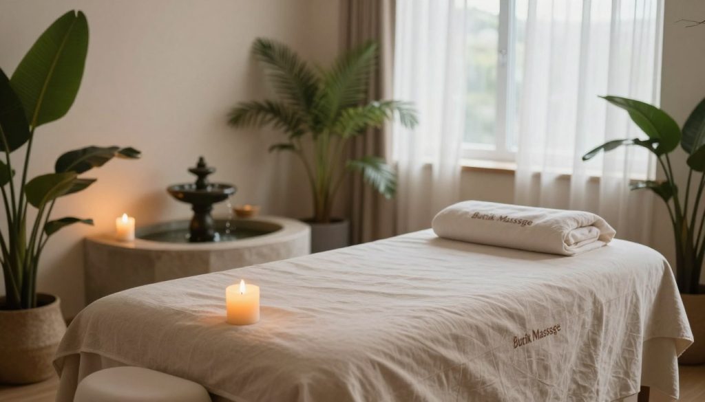 A serene anti-stress massage environment featuring a soft, inviting massage table draped with calming, neutral linens. In the foreground, a gently flickering candle casts warm light, creating a tranquil atmosphere. The middle layer includes a small indoor fountain, its soothing sound enhancing the relaxation; lush green plants are placed thoughtfully around the space, promoting a sense of nature. The background showcases a softly lit room with large windows allowing natural light to filter in, accompanied by sheer curtains that sway in a light breeze. The overall mood is peaceful and inviting, inducing feelings of calmness and relaxation. The brand "Butik Massage" is subtly integrated into the decor, emphasizing professionalism and tranquility. The image captures a cozy, harmonious setting ideal for rejuvenating massage sessions, captured from a slightly elevated angle to encompass the entire ambiance.