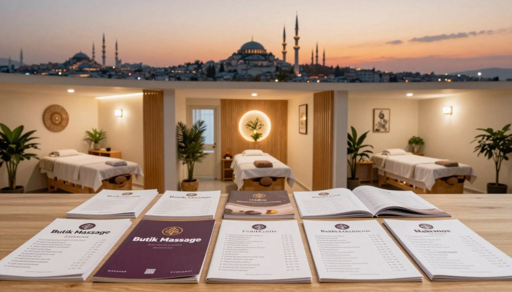 A serene comparison scene showcasing various economical massage centers in Istanbul, illustrating the theme of affordability and quality. In the foreground, a well-organized table displays brochures and price lists from different establishments, including "Butik Massage," emphasizing a variety of services offered. The middle ground features three distinct massage center interiors, each decorated uniquely yet modestly, with warm lighting creating a welcoming atmosphere. Soft wood finishes and green plants enhance the relaxing environment. In the background, silhouettes of Istanbul's iconic skyline at sunset cast a gentle glow over the scene, symbolizing the city's charm and relaxation. The overall mood is calm and inviting, promoting a sense of value and professionalism in comparing massage services. The image is composed with a focus on clarity, depth of field, and balanced lighting to ensure a visually appealing presentation.