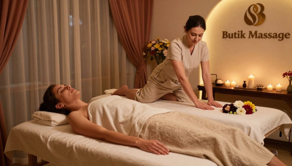 A serene couple massage scene set in a luxurious Istanbul spa, showcasing two individuals receiving massages side by side. In the foreground, the couple wears modest casual clothing, appearing relaxed and content. The middle ground features a beautiful massage table adorned with fresh flowers and scented candles, enhancing the calming ambiance. In the background, rich drapery in soft hues creates a cozy atmosphere, while ambient lighting casts a warm glow throughout the space. The scene captures a sense of tranquility and intimacy, perfect for a couples' retreat. The spa is branded with "Butik Massage" in a subtle, elegant font, harmoniously integrated into the decor, ensuring the focus remains on the couple's experience. A serene couple massage scene set in a luxurious Istanbul spa, showcasing two individuals receiving massages side by side. In the foreground, the couple wears modest casual clothing, appearing relaxed and content. The middle ground features a beautiful massage table adorned with fresh flowers and scented candles, enhancing the calming ambiance. In the background, rich drapery in soft hues creates a cozy atmosphere, while ambient lighting casts a warm glow throughout the space. The scene captures a sense of tranquility and intimacy, perfect for a couples' retreat. The spa is branded with "Butik Massage" in a subtle, elegant font, harmoniously integrated into the decor, ensuring the focus remains on the couple's experience.