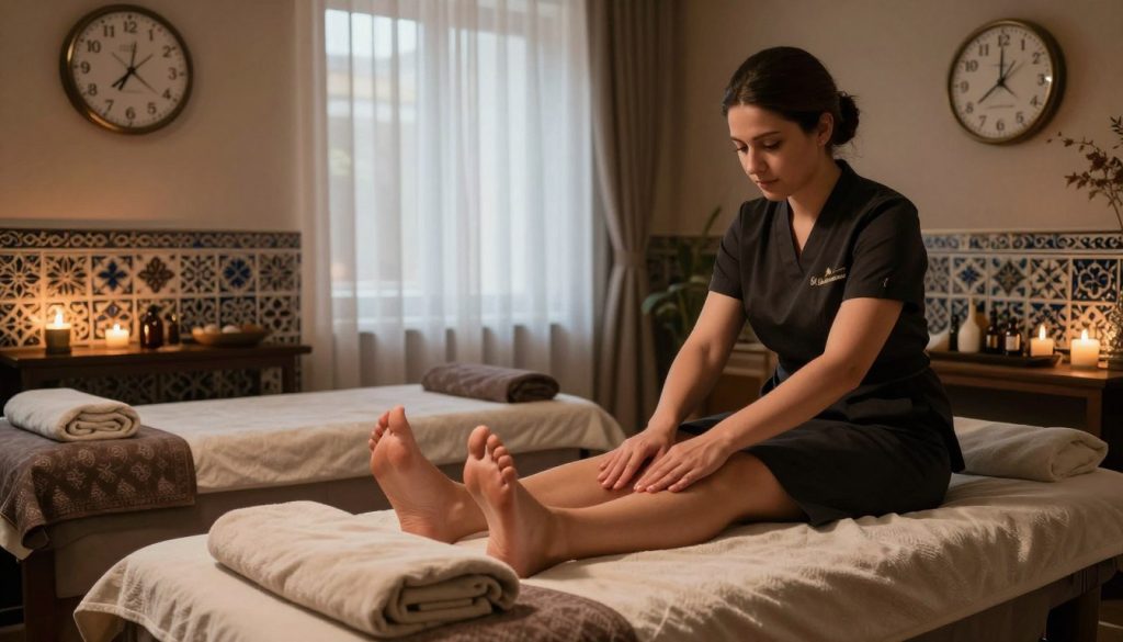 A serene foot massage setting at a luxurious spa in Istanbul, featuring a cozy treatment room adorned with traditional Turkish decor like intricate tiles and soft, dim lighting that creates a calming atmosphere. In the foreground, a pair of feet resting on a plush massage table, surrounded by soothing elements like essential oils and soft towels, hinting at various session duration options: a clock displaying 30, 60, and 90 minutes in the background. The middle ground shows a skilled therapist in professional attire gently massaging one foot, conveying expertise and relaxation. The background includes soft, ambient light filtering through sheer curtains, enhancing the tranquil mood. Emphasize the brand name "Butik Massage" subtly incorporated into the decor. A serene foot massage setting at a luxurious spa in Istanbul, featuring a cozy treatment room adorned with traditional Turkish decor like intricate tiles and soft, dim lighting that creates a calming atmosphere. In the foreground, a pair of feet resting on a plush massage table, surrounded by soothing elements like essential oils and soft towels, hinting at various session duration options: a clock displaying 30, 60, and 90 minutes in the background. The middle ground shows a skilled therapist in professional attire gently massaging one foot, conveying expertise and relaxation. The background includes soft, ambient light filtering through sheer curtains, enhancing the tranquil mood. Emphasize the brand name "Butik Massage" subtly incorporated into the decor.