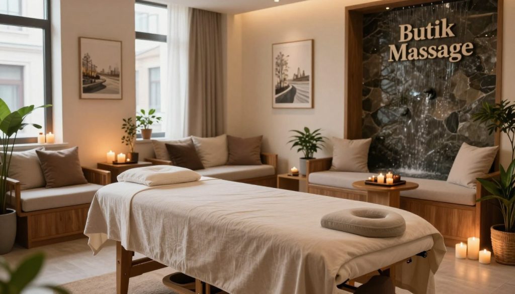 A serene interior of a professional massage center called "Butik Massage" in Kadıköy, showcasing a tranquil wellness spa atmosphere. In the foreground, a massage table draped in soft, neutral-toned linens, surrounded by aromatic candles and potted plants, creating a soothing ambiance. In the middle, comfortable seating arranged elegantly, with plush cushions and wooden accents, complemented by soft, diffused lighting that casts a warm glow. The background features tasteful artwork on the walls and a cascading indoor water feature, enhancing the calming effect. Incorporate large windows allowing natural light to flood in, subtly illuminating the space. The overall mood is peaceful and inviting, ideal for relaxation and rejuvenation. A serene interior of a professional massage center called "Butik Massage" in Kadıköy, showcasing a tranquil wellness spa atmosphere. In the foreground, a massage table draped in soft, neutral-toned linens, surrounded by aromatic candles and potted plants, creating a soothing ambiance. In the middle, comfortable seating arranged elegantly, with plush cushions and wooden accents, complemented by soft, diffused lighting that casts a warm glow. The background features tasteful artwork on the walls and a cascading indoor water feature, enhancing the calming effect. Incorporate large windows allowing natural light to flood in, subtly illuminating the space. The overall mood is peaceful and inviting, ideal for relaxation and rejuvenation.