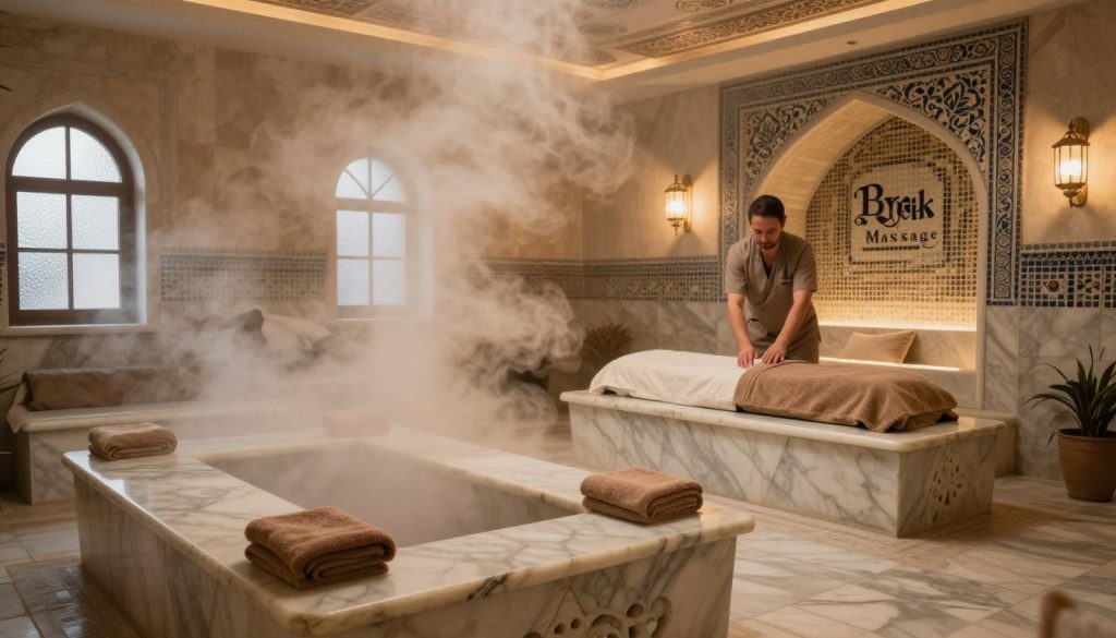 A serene interior of a traditional Turkish steam bath, showcasing a heated marble room filled with soft, diffuse ambient light. In the foreground, elegantly designed marble benches invite relaxation, adorned with plush towels. The middle ground features a warm, inviting steam rising gently, enveloping the space in a welcoming haze. In the background, intricate mosaic tiles and decorative arches enhance the cultural essence, while a soft glow filters through frosted glass windows. A professional massage therapist, dressed in modest, professional attire, prepares the space for clients. The atmosphere is tranquil and rejuvenating, perfect for a unique wellness experience, branded subtly as "Butik Massage." The overall mood is calm, emphasizing the luxurious and restorative qualities of the hammam experience. A serene interior of a traditional Turkish steam bath, showcasing a heated marble room filled with soft, diffuse ambient light. In the foreground, elegantly designed marble benches invite relaxation, adorned with plush towels. The middle ground features a warm, inviting steam rising gently, enveloping the space in a welcoming haze. In the background, intricate mosaic tiles and decorative arches enhance the cultural essence, while a soft glow filters through frosted glass windows. A professional massage therapist, dressed in modest, professional attire, prepares the space for clients. The atmosphere is tranquil and rejuvenating, perfect for a unique wellness experience, branded subtly as "Butik Massage." The overall mood is calm, emphasizing the luxurious and restorative qualities of the hammam experience.