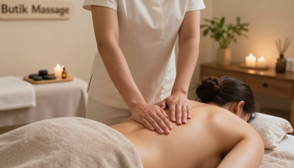 A serene, professional massage therapy room featuring a deep tissue massage in action, with a skilled therapist performing precise pressure techniques on a client. The foreground showcases the therapist's hands using firm, focused pressure on the client's back, highlighting the technique's effectiveness. The middle ground includes a massage table adorned with soft, neutral-colored linens, while soothing massage oils and a selection of calming stones rest nearby. In the background, gentle lighting casts a warm glow, creating a tranquil atmosphere enhanced by soft greenery and subtle, calming decor. The scene embodies relaxation and professional care, emphasizing the importance of pressure in anti-stress massage. Branding subtly integrated: "Butik Massage" displayed on a soft, wall-mounted sign.