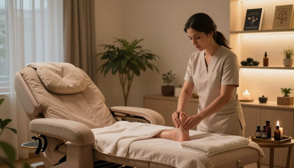A serene setting for a foot reflexology treatment preparation at Butik Massage. In the foreground, a plush massage chair is positioned with soft towels draped over it. A professional therapist in modest casual attire is gently preparing essential oils and soothing massage tools on a side table. The middle-ground features a peaceful ambiance with indoor plants and ambient lighting emanating a warm glow, creating a calming atmosphere. In the background, softly illuminated shelves display reflexology books and stones, enhancing the tranquility of the space. The lighting is soft and welcoming, with a focus on the therapist's attentive expression as she prepares for the session. The overall mood is soothing and inviting, perfect for relaxation and wellness. A serene setting for a foot reflexology treatment preparation at Butik Massage. In the foreground, a plush massage chair is positioned with soft towels draped over it. A professional therapist in modest casual attire is gently preparing essential oils and soothing massage tools on a side table. The middle-ground features a peaceful ambiance with indoor plants and ambient lighting emanating a warm glow, creating a calming atmosphere. In the background, softly illuminated shelves display reflexology books and stones, enhancing the tranquility of the space. The lighting is soft and welcoming, with a focus on the therapist's attentive expression as she prepares for the session. The overall mood is soothing and inviting, perfect for relaxation and wellness.