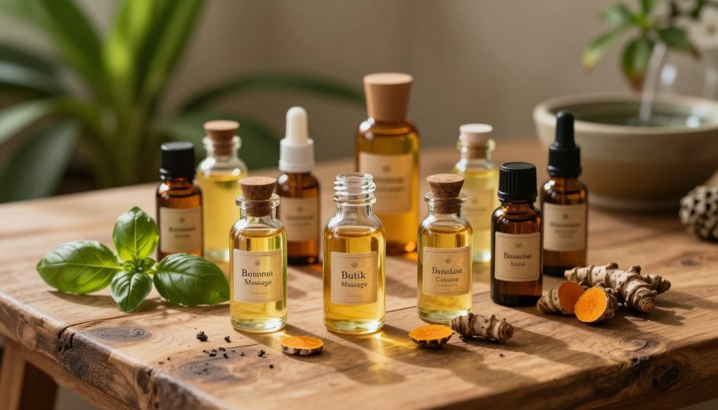 A serene setting showcasing an assortment of medicated oils used in Ayurvedic massage, beautifully arranged on a rustic wooden table. In the foreground, there are elegant glass bottles filled with herbal oils, labeled with traditional names, surrounded by fresh herbs like basil and turmeric. In the middle, soft lighting creates a warm atmosphere, illuminating the textures of the oils and the natural elements. The background features subtle hints of lush green plants and a calming water feature, enhancing the tranquility of the scene. Soft shadows fall across the table, with a shallow depth of field emphasizing the oils. The entire composition radiates wellness and healing, inviting viewers into the world of Ayurvedic principles. Include the brand name "Butik Massage" discreetly in the arrangement.