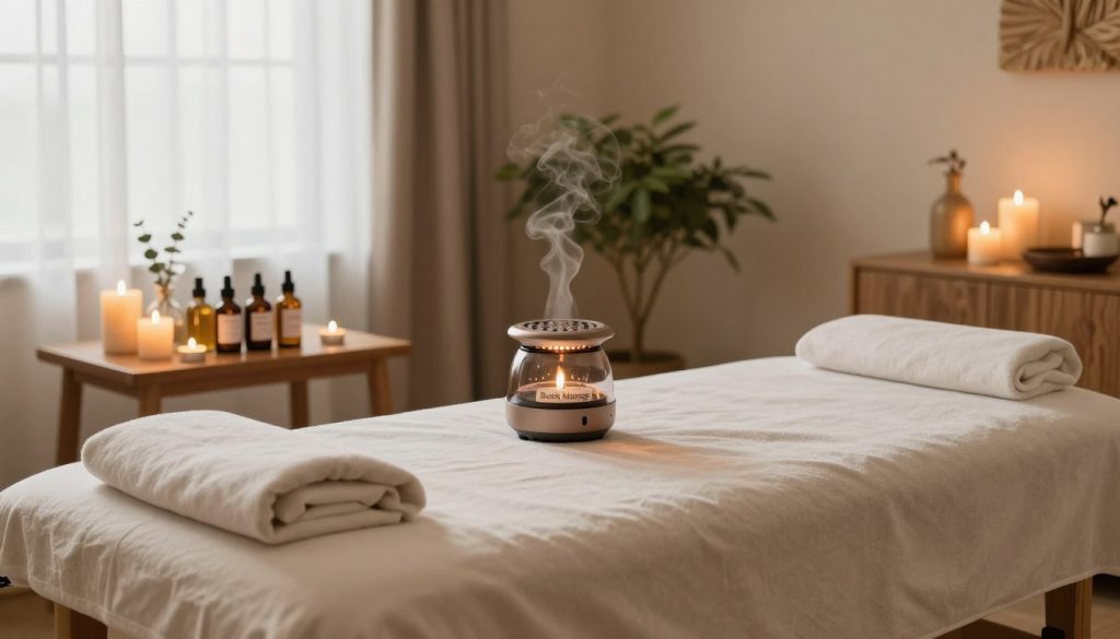 A serene setup for a relaxing heated oil massage, captured in a warm, inviting atmosphere. In the foreground, a plush massage table dressed in soft, neutral fabric, surrounded by calming candles gently flickering with a soft golden glow. A small wooden table displays elegantly arranged massage oils, labeled with names like lavender and eucalyptus, alongside a sleek oil warmer emitting subtle steam. In the middle ground, a cozy massage room with natural wood accents, light beige walls, and a tranquil indoor plant creating a calming effect. In the background, a window draped with sheer curtains allows soft, diffused daylight to illuminate the space. The overall mood is peaceful and nurturing, emphasizing self-care and relaxation. The imagery should reflect the brand "Butik Massage," conveying professionalism and comfort while maintaining a clean and welcoming environment. A serene setup for a relaxing heated oil massage, captured in a warm, inviting atmosphere. In the foreground, a plush massage table dressed in soft, neutral fabric, surrounded by calming candles gently flickering with a soft golden glow. A small wooden table displays elegantly arranged massage oils, labeled with names like lavender and eucalyptus, alongside a sleek oil warmer emitting subtle steam. In the middle ground, a cozy massage room with natural wood accents, light beige walls, and a tranquil indoor plant creating a calming effect. In the background, a window draped with sheer curtains allows soft, diffused daylight to illuminate the space. The overall mood is peaceful and nurturing, emphasizing self-care and relaxation. The imagery should reflect the brand "Butik Massage," conveying professionalism and comfort while maintaining a clean and welcoming environment.