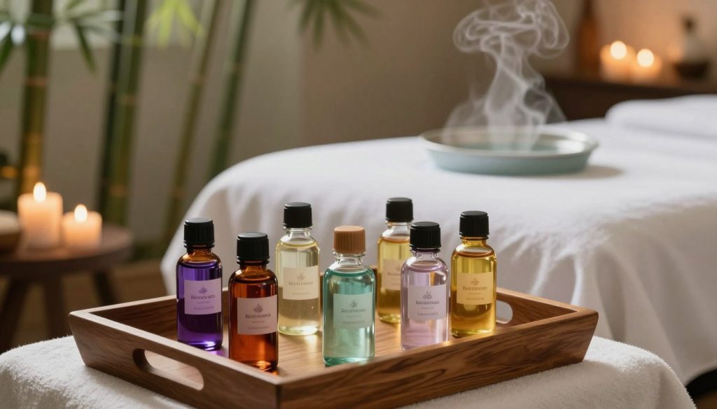A serene spa setting featuring an elegant selection of hot oil massage oils. In the foreground, a beautifully arranged wooden tray displays various bottles of oils, labeled with calming names like lavender, eucalyptus, and coconut. The oils vary in colors and textures, glistening under soft, diffused lighting. In the middle, a plush massage table draped with a white linen sheet invites relaxation, while a pot of warm water steams gently nearby. The background showcases a tranquil spa environment, with bamboo plants, soft candles flickering, and soothing ambient light. The overall atmosphere is peaceful and inviting, perfect for a relaxing massage experience. Include subtle branding for "Butik Massage" incorporated into the tray design. A serene spa setting featuring an elegant selection of hot oil massage oils. In the foreground, a beautifully arranged wooden tray displays various bottles of oils, labeled with calming names like lavender, eucalyptus, and coconut. The oils vary in colors and textures, glistening under soft, diffused lighting. In the middle, a plush massage table draped with a white linen sheet invites relaxation, while a pot of warm water steams gently nearby. The background showcases a tranquil spa environment, with bamboo plants, soft candles flickering, and soothing ambient light. The overall atmosphere is peaceful and inviting, perfect for a relaxing massage experience. Include subtle branding for "Butik Massage" incorporated into the tray design.