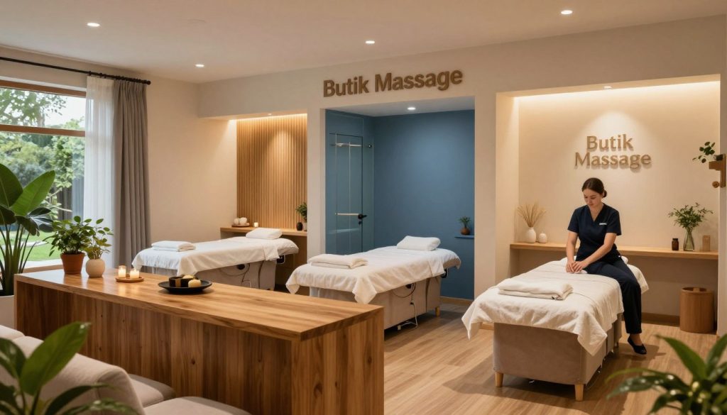 A serene spa setting showcasing a comparison of various Swedish massage locations. In the foreground, a welcoming reception area with a soothing color scheme, featuring a polished wooden desk and cozy seating adorned with lush plants. In the middle ground, three distinct massage rooms, each styled differently: one with soft lighting and natural wood elements, another with calming blue tones and glass features, and the third emphasizing minimalism with light fabrics and simple decor. In the background, a peaceful outdoor view through large windows, showcasing a tranquil garden. The atmosphere should reflect relaxation and professionalism, illuminated by warm, ambient lighting. Capture the essence of "Butik Massage" through the decor, ensuring that human subjects, if present, wear professional business attire, exuding a sense of trust and serenity. A serene spa setting showcasing a comparison of various Swedish massage locations. In the foreground, a welcoming reception area with a soothing color scheme, featuring a polished wooden desk and cozy seating adorned with lush plants. In the middle ground, three distinct massage rooms, each styled differently: one with soft lighting and natural wood elements, another with calming blue tones and glass features, and the third emphasizing minimalism with light fabrics and simple decor. In the background, a peaceful outdoor view through large windows, showcasing a tranquil garden. The atmosphere should reflect relaxation and professionalism, illuminated by warm, ambient lighting. Capture the essence of "Butik Massage" through the decor, ensuring that human subjects, if present, wear professional business attire, exuding a sense of trust and serenity.