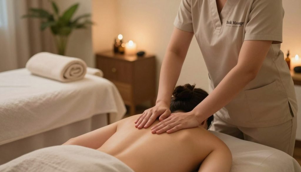 A serene spa setting showcasing the benefits of deep tissue massage for personalized treatment. In the foreground, a confident therapist in professional attire applies precise pressure to a client's back, illustrating targeted techniques. The middle ground features a massage table adorned with soft, calming linens and essential oils, accentuating a personalized approach. In the background, warm ambient lighting creates a soothing atmosphere, complemented by gentle greenery and decorative stones, promoting relaxation. The scene captures a harmonious balance, emphasizing customization and care. The overall mood is tranquil and inviting, reflecting the essence of "Butik Massage." Soft focus with a slight vignette effect to enhance depth and warmth. A serene spa setting showcasing the benefits of deep tissue massage for personalized treatment. In the foreground, a confident therapist in professional attire applies precise pressure to a client's back, illustrating targeted techniques. The middle ground features a massage table adorned with soft, calming linens and essential oils, accentuating a personalized approach. In the background, warm ambient lighting creates a soothing atmosphere, complemented by gentle greenery and decorative stones, promoting relaxation. The scene captures a harmonious balance, emphasizing customization and care. The overall mood is tranquil and inviting, reflecting the essence of "Butik Massage." Soft focus with a slight vignette effect to enhance depth and warmth.