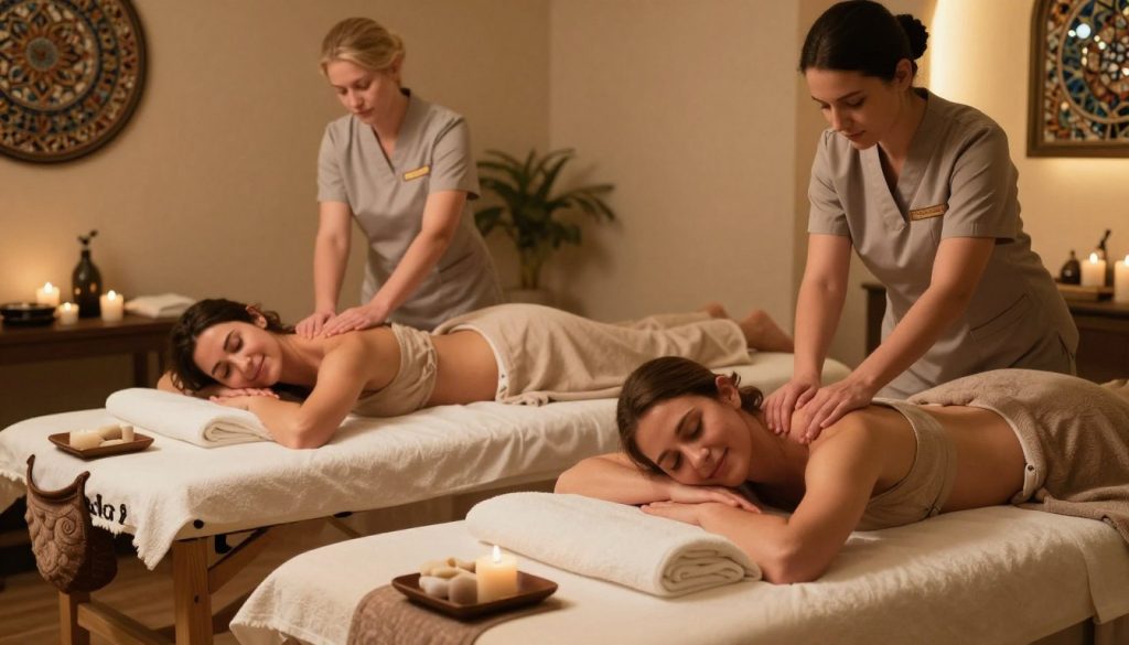 A serene spa setting with a couple experiencing a tandem massage, featuring two massage tables side by side. The couple, a man and a woman, are dressed in modest, comfortable clothing, showing relaxed expressions as skilled therapists, dressed in professional attire, administer soothing treatments. Soft, warm lighting creates a tranquil atmosphere, enhancing the calming effect with gentle shadows contrasting against the warm-toned decor of the room. Luxurious Turkish decor elements like intricate mosaics and plush textiles are subtly placed in the background, adding authenticity. The focus is on the couple’s blissful interaction and the attentive service of the therapists, capturing an inviting essence of togetherness in a "Butik Massage" spa experience in Istanbul. A serene spa setting with a couple experiencing a tandem massage, featuring two massage tables side by side. The couple, a man and a woman, are dressed in modest, comfortable clothing, showing relaxed expressions as skilled therapists, dressed in professional attire, administer soothing treatments. Soft, warm lighting creates a tranquil atmosphere, enhancing the calming effect with gentle shadows contrasting against the warm-toned decor of the room. Luxurious Turkish decor elements like intricate mosaics and plush textiles are subtly placed in the background, adding authenticity. The focus is on the couple’s blissful interaction and the attentive service of the therapists, capturing an inviting essence of togetherness in a "Butik Massage" spa experience in Istanbul.