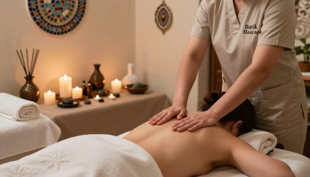A serene traditional Turkish massage spa treatment ritual at "Butik Massage". In the foreground, a skilled therapist in modest, professional attire gently massages a client’s back on a massage table, surrounded by aromatic candles and soothing essential oil diffusers. The therapist’s hands are depicted applying traditional techniques, reflecting expertise and care. In the middle ground, plush towels, natural stones, and traditional Turkish bath accessories are artfully arranged, emphasizing a tranquil spa environment. The background features soft, ambient lighting, creating a warm and inviting atmosphere, with delicate mosaics and traditional Turkish motifs enhancing the cultural context. The overall mood is calming and rejuvenating, inviting viewers into the soothing experience of a Turkish massage ritual. A serene traditional Turkish massage spa treatment ritual at "Butik Massage". In the foreground, a skilled therapist in modest, professional attire gently massages a client’s back on a massage table, surrounded by aromatic candles and soothing essential oil diffusers. The therapist’s hands are depicted applying traditional techniques, reflecting expertise and care. In the middle ground, plush towels, natural stones, and traditional Turkish bath accessories are artfully arranged, emphasizing a tranquil spa environment. The background features soft, ambient lighting, creating a warm and inviting atmosphere, with delicate mosaics and traditional Turkish motifs enhancing the cultural context. The overall mood is calming and rejuvenating, inviting viewers into the soothing experience of a Turkish massage ritual.