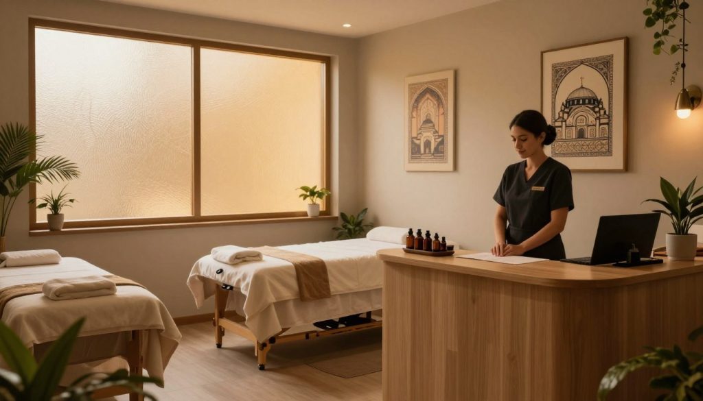 A serene, tranquil massage studio interior, featuring a calming atmosphere with soft, ambient lighting. In the foreground, a neatly arranged reception desk with a welcoming staff member dressed in professional attire, ready to assist clients. The middle ground includes a cozy massage therapy room, showcasing a massage table adorned with fresh linens and essential oils. A gentle, warm glow through the frosted windows highlights earthy tones and decorative elements like plants and soothing artwork representing Istanbul's rich culture. In the background, minimalist decor enhances the relaxing vibe. The scene conveys an inviting and peaceful mood, encouraging potential customers to ask questions about their massage experience at Butik Massage before booking. Focus on composition, angle, and depth in the image to ensure clarity without distractions.