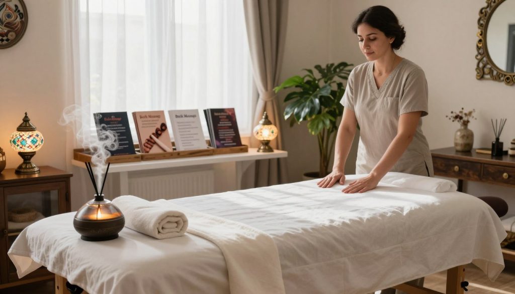 A tranquil massage room set in Istanbul, featuring a massage table draped with soft, clean linens. In the foreground, a soothing essential oil diffuser emits gentle wisps of steam, casting a serene ambiance. A serene therapist in modest casual clothing stands next to the table, preparing for a session, with a professional demeanor and a calm expression. The middle ground highlights a neatly arranged display of reasonably priced massage options and brochures, showcasing "Butik Massage". In the background, soft natural light filters through sheer curtains, illuminating calming décor with subtle hints of Turkish culture, such as mosaic lamps and lush plants. The atmosphere is peaceful and inviting, creating an ideal environment for relaxation and self-care.