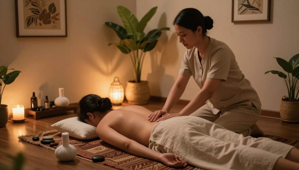 A tranquil therapy room featuring a serene therapeutic Thai bodywork session at Butik Massage. In the foreground, a licensed massage therapist, dressed in modest, professional attire, gently assists a client lying on a traditional Thai massage mat, surrounded by soft, natural textiles. In the middle, the ambiance is enhanced by soothing, warm lighting, emanating from softly glowing lanterns, casting a calm glow. Elements like aromatic essential oils, fresh herbal compresses, and peaceful stones create a holistic atmosphere. In the background, leafy green plants and subtle art invoke a sense of relaxation and well-being, reflecting the benefits of medical Thai massage. The overall mood is serene and restorative, capturing the essence of wellness in a professional setting. A tranquil therapy room featuring a serene therapeutic Thai bodywork session at Butik Massage. In the foreground, a licensed massage therapist, dressed in modest, professional attire, gently assists a client lying on a traditional Thai massage mat, surrounded by soft, natural textiles. In the middle, the ambiance is enhanced by soothing, warm lighting, emanating from softly glowing lanterns, casting a calm glow. Elements like aromatic essential oils, fresh herbal compresses, and peaceful stones create a holistic atmosphere. In the background, leafy green plants and subtle art invoke a sense of relaxation and well-being, reflecting the benefits of medical Thai massage. The overall mood is serene and restorative, capturing the essence of wellness in a professional setting.