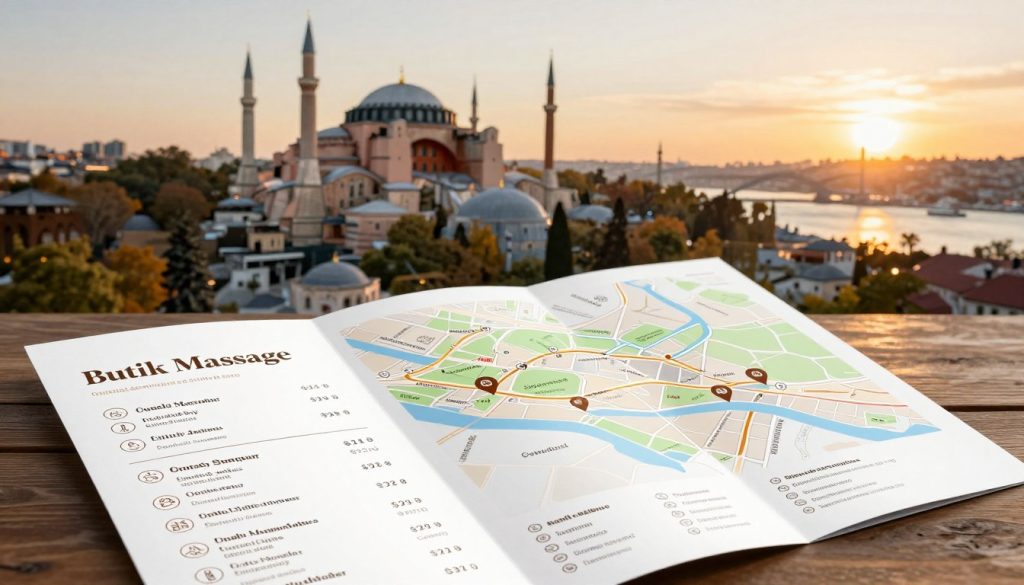 A travel massage pricing guide for "Butik Massage" in Istanbul, illustrated to convey professionalism and clarity. In the foreground, a well-organized brochure displaying massage pricing details, with an elegant layout featuring icons representing various outcall massage services. The middle ground features a tasteful map of Istanbul highlighting key districts where services are offered, with subtle location markers. In the background, a softly lit modern cityscape showcasing iconic Istanbul landmarks like the Hagia Sophia and the Bosphorus Bridge, under a warm sunset glow, creating an inviting atmosphere. The scene captures a balance between relaxation and professionalism, using a wide-angle perspective to enhance visual appeal. The overall mood is informative yet calming, ideal for readers interested in outcall massage services. A travel massage pricing guide for "Butik Massage" in Istanbul, illustrated to convey professionalism and clarity. In the foreground, a well-organized brochure displaying massage pricing details, with an elegant layout featuring icons representing various outcall massage services. The middle ground features a tasteful map of Istanbul highlighting key districts where services are offered, with subtle location markers. In the background, a softly lit modern cityscape showcasing iconic Istanbul landmarks like the Hagia Sophia and the Bosphorus Bridge, under a warm sunset glow, creating an inviting atmosphere. The scene captures a balance between relaxation and professionalism, using a wide-angle perspective to enhance visual appeal. The overall mood is informative yet calming, ideal for readers interested in outcall massage services.