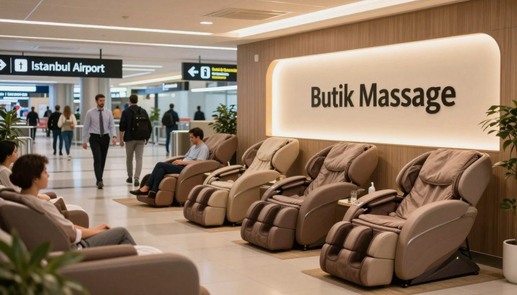 A vibrant and inviting visual representation of the Istanbul Airport terminal's massage stations, specifically highlighting the "Butik Massage" location. In the foreground, a well-designed spa area with serene massage chairs and ambient lighting, creating a calming atmosphere. In the middle, transit travelers in professional business attire or modest casual clothing, relaxed and enjoying the spa services. The background features parts of the bustling airport, including clear signage directing passengers to the massage stations. Soft, warm lighting accentuates the inviting ambiance, with a slight depth of field to focus on the spa area. The overall mood should convey relaxation amidst the busy airport environment, emphasizing a sense of tranquility and wellness for transit travelers. A vibrant and inviting visual representation of the Istanbul Airport terminal's massage stations, specifically highlighting the "Butik Massage" location. In the foreground, a well-designed spa area with serene massage chairs and ambient lighting, creating a calming atmosphere. In the middle, transit travelers in professional business attire or modest casual clothing, relaxed and enjoying the spa services. The background features parts of the bustling airport, including clear signage directing passengers to the massage stations. Soft, warm lighting accentuates the inviting ambiance, with a slight depth of field to focus on the spa area. The overall mood should convey relaxation amidst the busy airport environment, emphasizing a sense of tranquility and wellness for transit travelers.