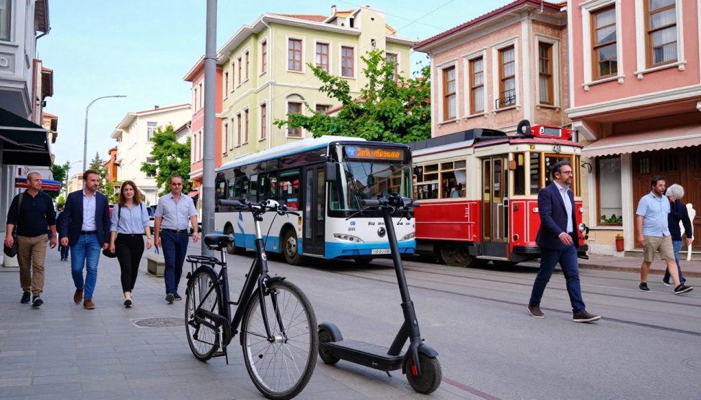 A vibrant street scene in Kadıköy, showcasing diverse transportation options to reach massage spots. In the foreground, a high-quality bicycle and a modern electric scooter are parked side by side. The middle ground features a public transport bus with "Butik Massage" signage, alongside a well-maintained tram, creating a sense of accessibility. Urban people of diverse backgrounds in professional attire casually walk by, reflecting a friendly and inviting atmosphere. The background displays colorful buildings typical of Kadıköy, with greenery peeking out from between structures and a clear blue sky overhead. Soft, natural lighting enhances the scene, capturing the lively essence of the neighborhood. Angle captured from a slightly elevated perspective to provide a dynamic view of the area without any text or distractions. A vibrant street scene in Kadıköy, showcasing diverse transportation options to reach massage spots. In the foreground, a high-quality bicycle and a modern electric scooter are parked side by side. The middle ground features a public transport bus with "Butik Massage" signage, alongside a well-maintained tram, creating a sense of accessibility. Urban people of diverse backgrounds in professional attire casually walk by, reflecting a friendly and inviting atmosphere. The background displays colorful buildings typical of Kadıköy, with greenery peeking out from between structures and a clear blue sky overhead. Soft, natural lighting enhances the scene, capturing the lively essence of the neighborhood. Angle captured from a slightly elevated perspective to provide a dynamic view of the area without any text or distractions.