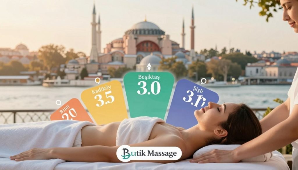 A visually engaging infographic-style image showcasing a comparison of massage prices across various districts of Istanbul. In the foreground, prominently display the brand name "Butik Massage" integrated into a stylish logo. The middle section should feature illustrated price tags or charts for different districts, such as Kadıköy, Beşiktaş, and Şişli, with distinct colors representing each area. In the background, depict a soft silhouette of iconic Istanbul landmarks like the Hagia Sophia and the Bosphorus Bridge, bathed in warm, inviting sunlight to create a calming atmosphere. The overall mood should convey a sense of relaxation and professionalism, using a balanced composition that highlights the price comparisons without any text overlays or distractions. The image should evoke curiosity about the varying costs of massage services throughout the city. A visually engaging infographic-style image showcasing a comparison of massage prices across various districts of Istanbul. In the foreground, prominently display the brand name "Butik Massage" integrated into a stylish logo. The middle section should feature illustrated price tags or charts for different districts, such as Kadıköy, Beşiktaş, and Şişli, with distinct colors representing each area. In the background, depict a soft silhouette of iconic Istanbul landmarks like the Hagia Sophia and the Bosphorus Bridge, bathed in warm, inviting sunlight to create a calming atmosphere. The overall mood should convey a sense of relaxation and professionalism, using a balanced composition that highlights the price comparisons without any text overlays or distractions. The image should evoke curiosity about the varying costs of massage services throughout the city.