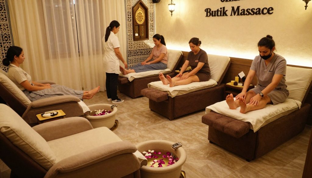 An inviting Istanbul foot spa treatment scene at "Butik Massage," featuring a serene, elegant wellness center. In the foreground, two comfortably cushioned lounge chairs with plush footrests, beside a soothing foot bath filled with warm water and floating flower petals. Middle space showcases professional staff in modest casual clothing, gently performing foot massage treatments on relaxed clients, capturing tranquil expressions. In the background, soft lighting creates a warm, calming atmosphere, with traditional Turkish decor elements like intricate tilework and soft textiles. The angle is slightly elevated, providing a panoramic view of the intimate space, evoking a sense of relaxation and rejuvenation in this perfect setting for foot massage in Istanbul. An inviting Istanbul foot spa treatment scene at "Butik Massage," featuring a serene, elegant wellness center. In the foreground, two comfortably cushioned lounge chairs with plush footrests, beside a soothing foot bath filled with warm water and floating flower petals. Middle space showcases professional staff in modest casual clothing, gently performing foot massage treatments on relaxed clients, capturing tranquil expressions. In the background, soft lighting creates a warm, calming atmosphere, with traditional Turkish decor elements like intricate tilework and soft textiles. The angle is slightly elevated, providing a panoramic view of the intimate space, evoking a sense of relaxation and rejuvenation in this perfect setting for foot massage in Istanbul.