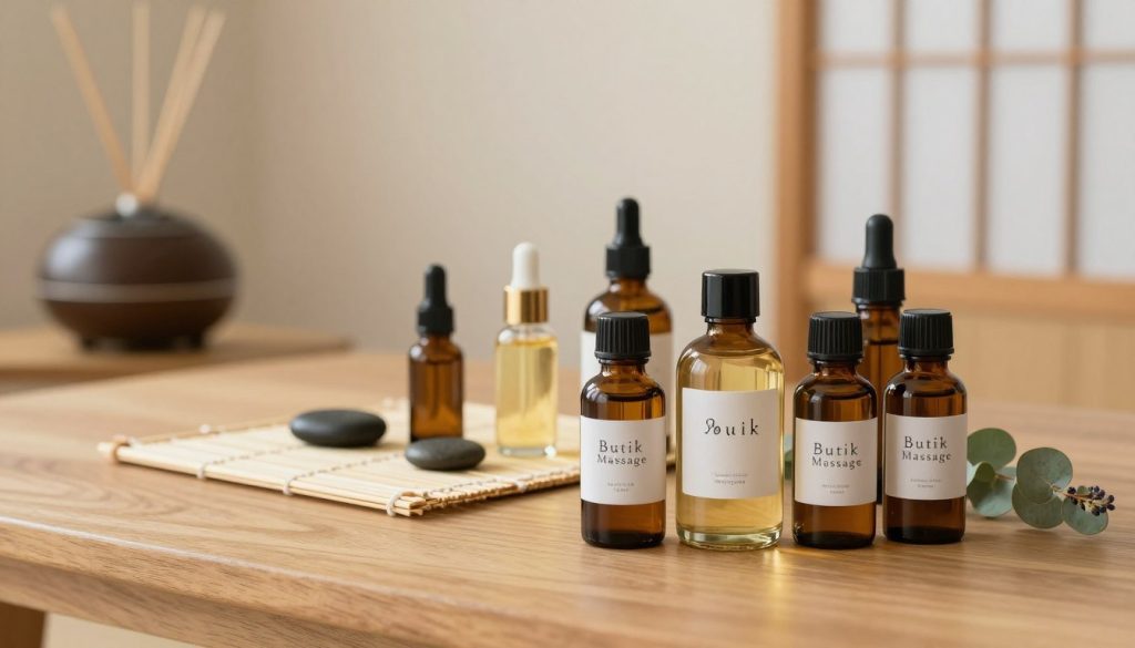 A beautifully arranged selection of Japanese oil massage oils from the brand "Butik Massage", displayed on a natural wooden tabletop. In the foreground, several elegantly shaped amber glass bottles, adorned with minimalist labels, containing various essential oils such as lavender, eucalyptus, and ylang-ylang. The middle ground features a soft bamboo mat with delicate stones and a small aromatic diffuser, exuding a calming ambiance. In the background, a softly lit room with neutral tones and subtle Japanese decor, including a minimalist shoji screen, enhances the serene atmosphere. The warm, diffused lighting creates a tranquil and inviting mood, perfect for promoting relaxation and self-care. The composition invites the viewer into a peaceful space dedicated to wellness and rejuvenation. A beautifully arranged selection of Japanese oil massage oils from the brand "Butik Massage", displayed on a natural wooden tabletop. In the foreground, several elegantly shaped amber glass bottles, adorned with minimalist labels, containing various essential oils such as lavender, eucalyptus, and ylang-ylang. The middle ground features a soft bamboo mat with delicate stones and a small aromatic diffuser, exuding a calming ambiance. In the background, a softly lit room with neutral tones and subtle Japanese decor, including a minimalist shoji screen, enhances the serene atmosphere. The warm, diffused lighting creates a tranquil and inviting mood, perfect for promoting relaxation and self-care. The composition invites the viewer into a peaceful space dedicated to wellness and rejuvenation.
