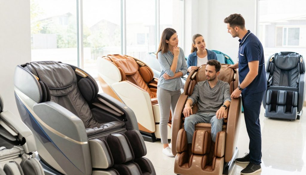 A bright, well-lit showroom featuring a stylish selection of modern massage chairs from "Butik Massage". In the foreground, an expert consultant in professional attire is assisting a diverse couple, who appear thoughtful and engaged in conversation. The couple, dressed in modest casual clothing, examines two different massage chairs: a sleek, contemporary model with plush cushions and a wooden finish, and a more traditional model with visible massage nodes. In the middle background, other massage chair options are arranged neatly, showcasing various colors and designs. Natural light streams through large windows, creating an inviting atmosphere. The overall mood is one of careful consideration and comfort, emphasizing the significance of choosing the right massage chair for individual needs. A bright, well-lit showroom featuring a stylish selection of modern massage chairs from "Butik Massage". In the foreground, an expert consultant in professional attire is assisting a diverse couple, who appear thoughtful and engaged in conversation. The couple, dressed in modest casual clothing, examines two different massage chairs: a sleek, contemporary model with plush cushions and a wooden finish, and a more traditional model with visible massage nodes. In the middle background, other massage chair options are arranged neatly, showcasing various colors and designs. Natural light streams through large windows, creating an inviting atmosphere. The overall mood is one of careful consideration and comfort, emphasizing the significance of choosing the right massage chair for individual needs.