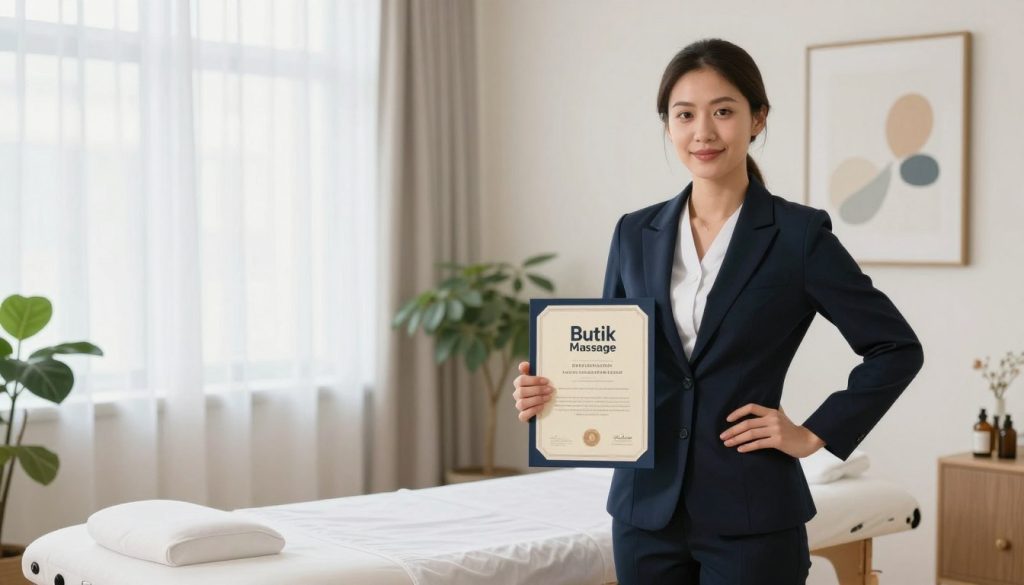 A certified lymphatic massage therapist standing confidently in a bright, welcoming therapy room. The foreground features a professional woman in neat business attire, demonstrating a confident posture while holding a certification diploma with the brand name “Butik Massage” prominently displayed. In the middle ground, a massage table with clean linens and calming essential oils is visible, reflecting a serene and hygienic environment. The background showcases soft, natural light filtering through sheer curtains, with soft green plants and abstract art on the walls that evoke tranquility and professionalism. The overall atmosphere is calming and inspiring, highlighting the qualifications and credibility of the therapist in a relaxing setting. A certified lymphatic massage therapist standing confidently in a bright, welcoming therapy room. The foreground features a professional woman in neat business attire, demonstrating a confident posture while holding a certification diploma with the brand name “Butik Massage” prominently displayed. In the middle ground, a massage table with clean linens and calming essential oils is visible, reflecting a serene and hygienic environment. The background showcases soft, natural light filtering through sheer curtains, with soft green plants and abstract art on the walls that evoke tranquility and professionalism. The overall atmosphere is calming and inspiring, highlighting the qualifications and credibility of the therapist in a relaxing setting.