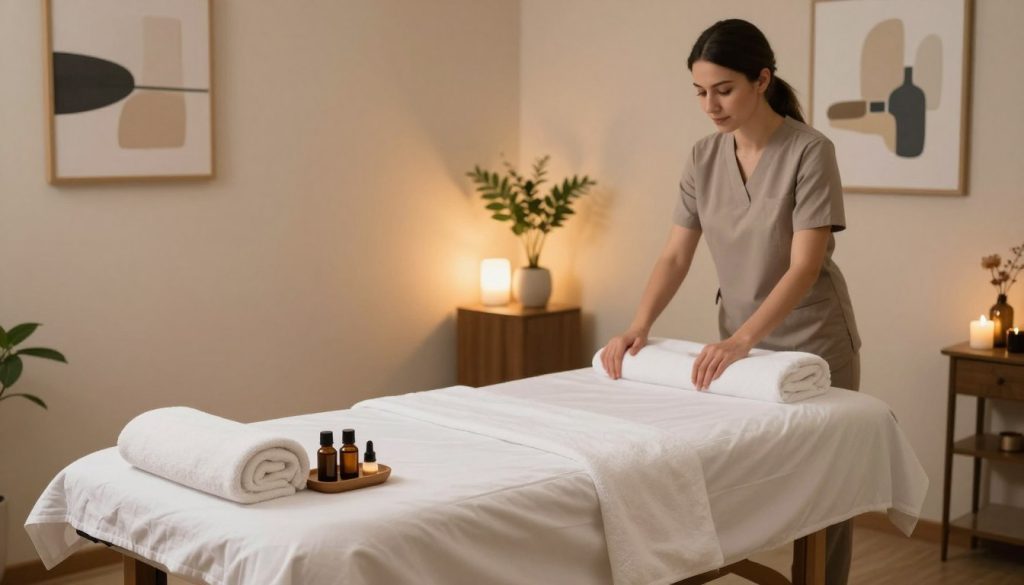 A clean and inviting massage room at Butik Massage in Istanbul, showcasing high cleanliness standards. In the foreground, a neatly arranged massage table draped in crisp white linens, with fresh towels and soothing essential oils neatly placed nearby. The middle ground features a soft, ambient glow from softly lit lamps, creating a calming atmosphere. The background reveals a spotless room with serene decor, including potted plants and abstract art on the walls, emphasizing tranquility. A professional therapist, dressed in modest casual clothing, gently tidying the space, ensuring a safe and hygienic environment. The lighting is warm, enhancing the comforting mood. The angle captures the warmth and professionalism of the setting, with no distracting elements. A clean and inviting massage room at Butik Massage in Istanbul, showcasing high cleanliness standards. In the foreground, a neatly arranged massage table draped in crisp white linens, with fresh towels and soothing essential oils neatly placed nearby. The middle ground features a soft, ambient glow from softly lit lamps, creating a calming atmosphere. The background reveals a spotless room with serene decor, including potted plants and abstract art on the walls, emphasizing tranquility. A professional therapist, dressed in modest casual clothing, gently tidying the space, ensuring a safe and hygienic environment. The lighting is warm, enhancing the comforting mood. The angle captures the warmth and professionalism of the setting, with no distracting elements.