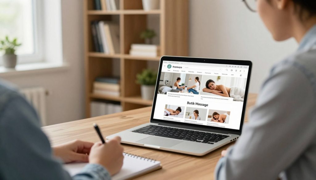 A cozy, modern home office setting as the foreground, featuring a laptop displaying a website comparing massage clinics. On the screen, images of various affordable massage clinics, including one prominently showing "Butik Massage," are visible. The background showcases a neatly organized bookshelf filled with wellness books, plants, and a calming color palette. Soft, natural light filters through a window, creating a serene atmosphere. In the middle, a person in smart casual clothing (a business shirt and jeans) leans over the laptop, thoughtfully taking notes with a pen on a notepad. The scene conveys a sense of focus and dedication to researching local services effectively, inviting a calm and productive mood. The angle is slightly elevated, showing both the person and the open laptop screen clearly.
