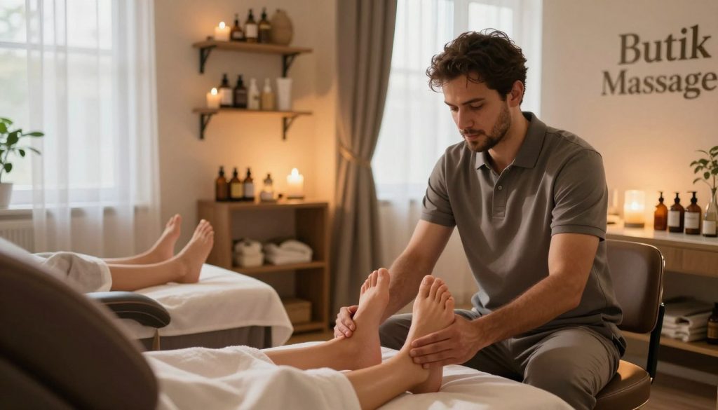 A cozy, welcoming foot massage studio named "Butik Massage" is featured prominently in the foreground. A professional therapist, dressed in a neat polo shirt and comfortable pants, is gently massaging a client's feet as they recline on a plush massage chair. The therapist's focused expression conveys care and expertise. In the middle ground, shelves showcase various natural oils and lotions, while soft ambient light bathes the room, creating a serene atmosphere. The background reveals large windows with sheer curtains, letting in warm sunlight that enhances the tranquil mood. The overall scene is relaxed and inviting, perfect for illustrating methods of searching for local foot massage services. The camera angle is slightly elevated, capturing both the therapist and the calming environment effectively. A cozy, welcoming foot massage studio named "Butik Massage" is featured prominently in the foreground. A professional therapist, dressed in a neat polo shirt and comfortable pants, is gently massaging a client's feet as they recline on a plush massage chair. The therapist's focused expression conveys care and expertise. In the middle ground, shelves showcase various natural oils and lotions, while soft ambient light bathes the room, creating a serene atmosphere. The background reveals large windows with sheer curtains, letting in warm sunlight that enhances the tranquil mood. The overall scene is relaxed and inviting, perfect for illustrating methods of searching for local foot massage services. The camera angle is slightly elevated, capturing both the therapist and the calming environment effectively.
