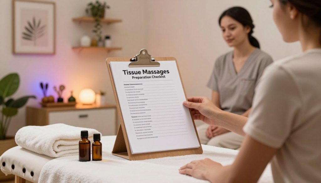 A cozy, well-lit massage therapy room showcasing a "Tissue Massage Session Preparation Checklist" on a stylish clipboard. In the foreground, a neatly arranged massage table with fresh, fluffy towels and essential oils. The middle ground features soft ambient lighting with calming colors, adorned with plants and soothing artwork. A professional therapist in modest casual clothing discusses the checklist with a client seated comfortably, both exuding a relaxed atmosphere. The background includes shelves with massage tools and calming decor, reinforcing the theme of relaxation and preparation. Render the scene with soft, diffused lighting to enhance tranquility, shot from a slightly elevated angle to capture all elements harmoniously. Include the brand name "Butik Massage" subtly integrated into the scene without detracting from the checklist focus.