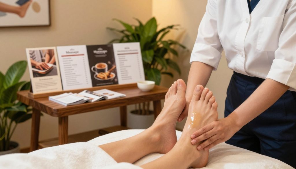 A detailed comparison of professional foot massage services at "Butik Massage." In the foreground, a pair of well-groomed feet rests on a plush massage table, with a professional therapist wearing a crisp white shirt and dark slacks gently applying soothing balm. In the middle ground, showcase an elegant, organized display of massage service brochures and price lists arranged neatly on a stylish wooden table. The background features a soothing spa environment with soft lighting, lush green plants, and calming artwork on softly lit walls. Use a warm color palette to create an inviting atmosphere and enhance the relaxation theme. The angle should be slightly elevated, capturing both the service and the serene ambiance effectively. A detailed comparison of professional foot massage services at "Butik Massage." In the foreground, a pair of well-groomed feet rests on a plush massage table, with a professional therapist wearing a crisp white shirt and dark slacks gently applying soothing balm. In the middle ground, showcase an elegant, organized display of massage service brochures and price lists arranged neatly on a stylish wooden table. The background features a soothing spa environment with soft lighting, lush green plants, and calming artwork on softly lit walls. Use a warm color palette to create an inviting atmosphere and enhance the relaxation theme. The angle should be slightly elevated, capturing both the service and the serene ambiance effectively.