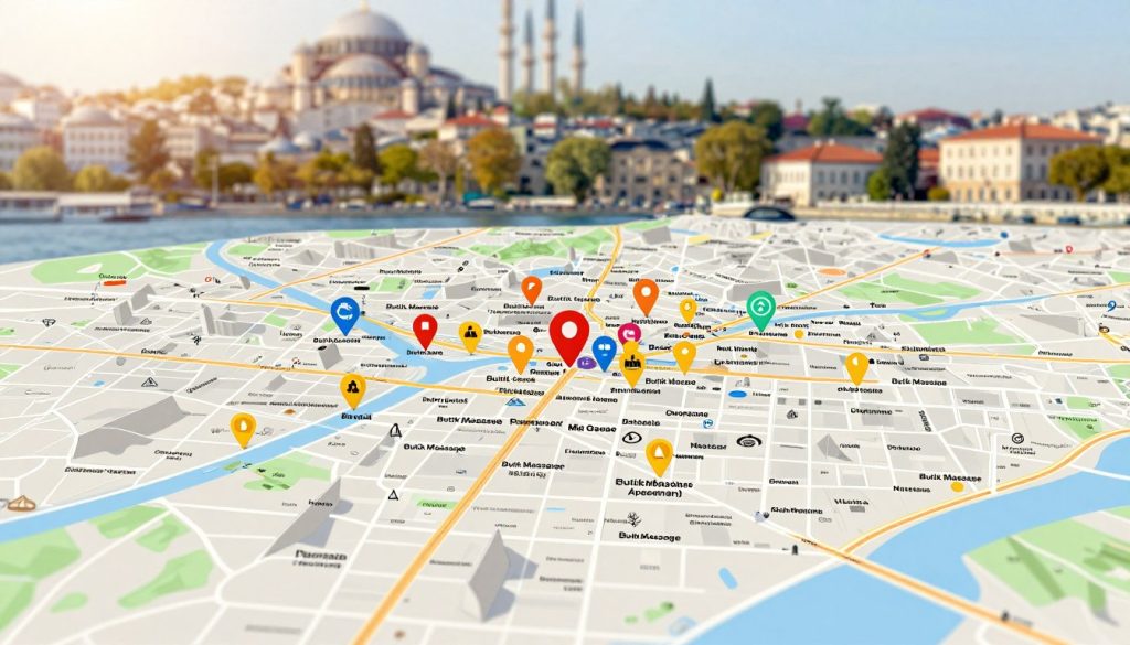 A detailed map of various neighborhoods in Istanbul, highlighting inexpensive massage options under the brand name "Butik Massage." In the foreground, include colorful markers and icons representing massage locations, clearly labeled and organized for easy navigation. The middle of the map should feature key landmarks and streets, with a clean, minimalist design that emphasizes affordability and accessibility. The background should include iconic Istanbul architecture, softly blurred to give the map depth. Utilize bright, inviting colors to create a warm and welcoming atmosphere. Incorporate soft, natural lighting to reflect the friendly and vibrant street life of Istanbul. The perspective should be an overhead view, ensuring clarity in the design without any text overlays or additional elements. A detailed map of various neighborhoods in Istanbul, highlighting inexpensive massage options under the brand name "Butik Massage." In the foreground, include colorful markers and icons representing massage locations, clearly labeled and organized for easy navigation. The middle of the map should feature key landmarks and streets, with a clean, minimalist design that emphasizes affordability and accessibility. The background should include iconic Istanbul architecture, softly blurred to give the map depth. Utilize bright, inviting colors to create a warm and welcoming atmosphere. Incorporate soft, natural lighting to reflect the friendly and vibrant street life of Istanbul. The perspective should be an overhead view, ensuring clarity in the design without any text overlays or additional elements.