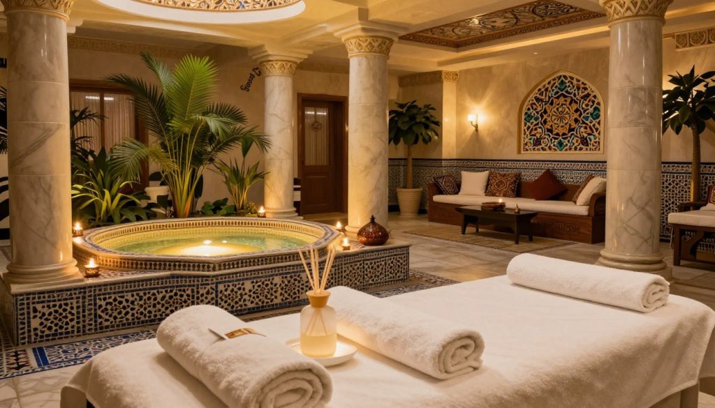 A luxurious hammam massage interior in Turkey, showcasing elegant marble columns, ornate mosaic tiles, and soft, ambient lighting. In the foreground, a tranquil massage area features plush, white towels neatly arranged and a delicate aroma diffuser casting a gentle glow. The middle ground reveals intricately designed basins with warm water, surrounded by lush greenery and candles for a calming atmosphere. In the background, an inviting relaxation area with comfortable seating and traditional Turkish decor invites you to unwind. The space radiates serenity and opulence, ideal for choosing the right hammam experience. Capture the brand name "Butik Massage" subtly on a decorative element within the scene, with a focus on creating an inviting and peaceful ambiance. Use warm, golden lighting to enhance the luxurious feel of the interior.