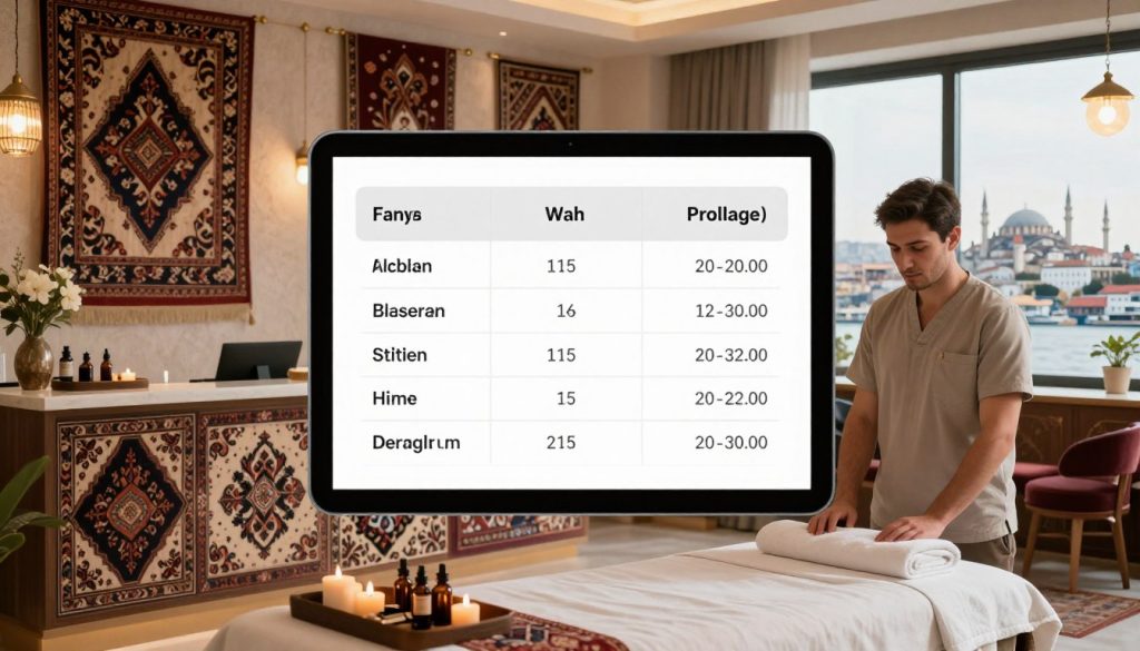 A luxurious massage spa setting in Istanbul, featuring an elegant reception area adorned with traditional Turkish fabrics and intricate designs. In the foreground, a professional-looking therapist in modest casual attire stands beside a beautifully arranged treatment area with aromatic oils, towels, and candles. The middle layer showcases a comparison chart on a sleek tablet, highlighting factors like ambiance, pricing, and services offered by various providers. The background reveals soft lighting with delicate ambient tones, creating a serene atmosphere, and large windows showcasing the historic Istanbul skyline. The image emphasizes tranquility and professionalism, perfect for illustrating the comparison of luxury massage services. Include the brand name "Butik Massage" subtly integrated into the decor, maintaining a cohesive and inviting environment.