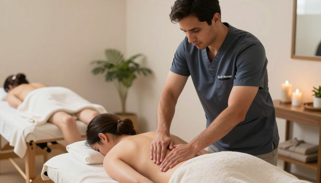 A male therapist demonstrating a deep tissue massage technique in a serene, well-lit massage studio. In the foreground, focus on the therapist, dressed in professional business attire, attentively applying pressure to a client's back with strong, confident hands. The therapist's expression conveys dedication and calm. In the middle ground, the client is comfortably positioned on a massage table, covered modestly with a soft towel. To the background, include elements like soothing candles and plants, enhancing the peaceful atmosphere. Warm, natural lighting fills the room, evoking a tranquil mood. The overall composition should reflect professionalism and relaxation, emphasizing the art of deep tissue massage. Brand name visible: "Butik Massage".