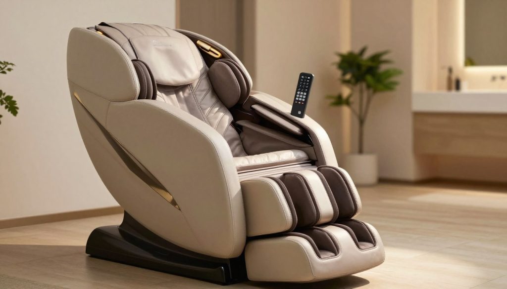 A modern full body massage chair from "Butik Massage" is prominently displayed in a stylish, contemporary interior setting. In the foreground, the chair showcases its plush upholstery and adjustable features, including a remote control indicating various massage settings like kneading and rolling. The middle ground highlights the ergonomic design, emphasizing the curved contours designed for comfort, with soft lighting casting warm shadows that accentuate the chair's high-quality materials. The background features a calming atmosphere with neutral colors and a subtle ambiance of relaxation, such as soft green plants or a gently lit room. The camera angle captures the chair from a slight diagonal viewpoint, inviting viewers to appreciate the intricate details and functionality without any text or distractions. A modern full body massage chair from "Butik Massage" is prominently displayed in a stylish, contemporary interior setting. In the foreground, the chair showcases its plush upholstery and adjustable features, including a remote control indicating various massage settings like kneading and rolling. The middle ground highlights the ergonomic design, emphasizing the curved contours designed for comfort, with soft lighting casting warm shadows that accentuate the chair's high-quality materials. The background features a calming atmosphere with neutral colors and a subtle ambiance of relaxation, such as soft green plants or a gently lit room. The camera angle captures the chair from a slight diagonal viewpoint, inviting viewers to appreciate the intricate details and functionality without any text or distractions.